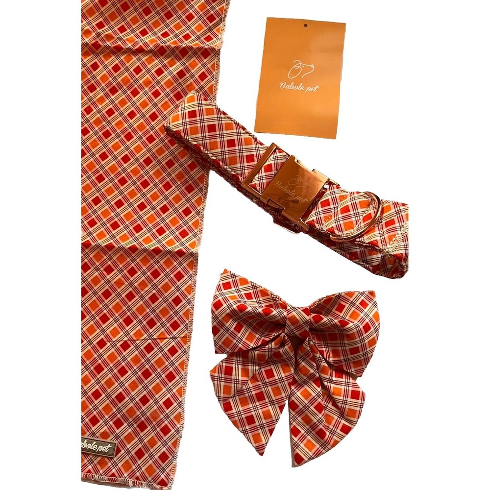 Babole Pet Dog Collar & Bandanna Orange Striped Plaid Boy Dog Tie Collar